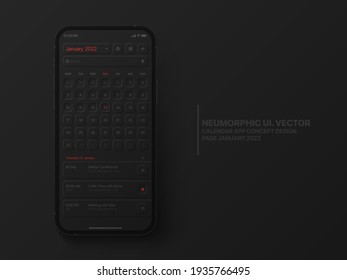 Vector Calendar Mobile App January 2022 Conceptual UI Neumorphic Design Dark Version On Photorealistic Phone IPhone Mockup on Abstract Background. Business Planner Application for Mobile Phone