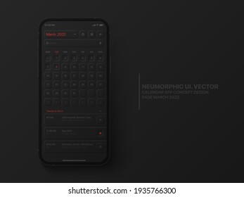 Vector Calendar Mobile App March 2022 Conceptual UI UX Neumorphic Design Dark Version On Photorealistic Phone IPhone Mockup on Abstract Background. Business Planner Application for Mobile Phone