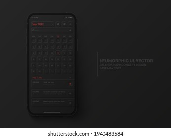 Vector Calendar Mobile App May 2022 Conceptual UI Neumorphic Design Dark Version On Photorealistic Phone IPhone 12 Pro Mockup on Abstract Background. Business Planner Application for Mobile Phone