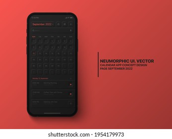 Vector Calendar Mobile App September 2022 Conceptual UI Neumorphic Design Dark Mode On Photo Realistic Phone Mockup On Abstract Red Background. Mobile Phone Business Planner Application In Night Mode