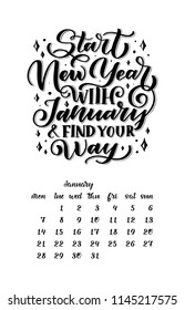 Vector calendar for month 2 0 1 9. Hand drawn lettering quotes for calendar design, Hand drawn style, vector illustration