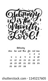 Vector calendar for month 2 0 1 9. Hand drawn lettering quotes for calendar design, Hand drawn style, vector illustration