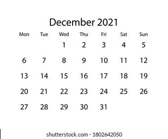 Vektorkalender für Monat Dezember 2021 auf weißem Hintergrund