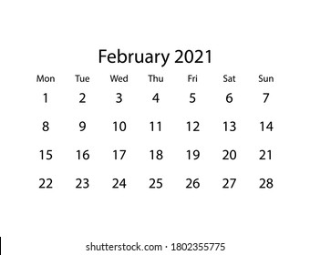 Vector calendar for month February 2021 on white background