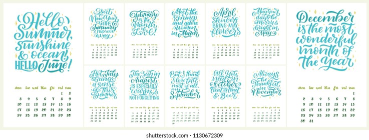 Vector calendar for months 2 0 1 9. Hand drawn lettering quotes for calendar design, Hand drawn style, vector illustration