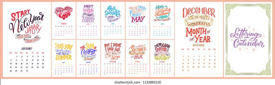 Vector calendar for months 2 0 1 9. Hand drawn lettering quotes for calendar design, Hand drawn style, vector illustration