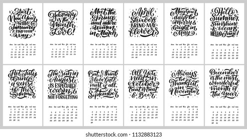 Vector calendar for months 2 0 1 9. Hand drawn lettering quotes for calendar design, Hand drawn style, vector illustration