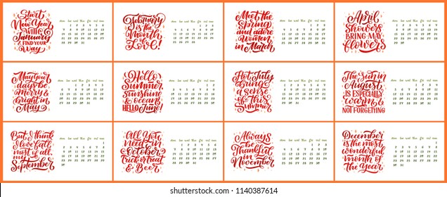 Vector calendar for months 2 0 1 9. Hand drawn lettering quotes for calendar design, Hand drawn style, vector illustration