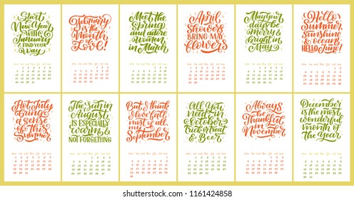 Vector calendar for months 2 0 1 9. Hand drawn lettering quotes for calendar design, Hand drawn style, vector illustration