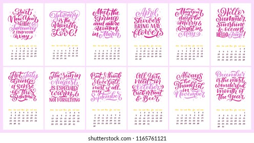 Vector calendar for months 2 0 1 9. Hand drawn lettering quotes for calendar design, Hand drawn style, vector illustration