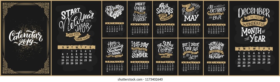 Vector calendar for months 2 0 1 9. Hand drawn lettering quotes for calendar design, Hand drawn style, vector illustration