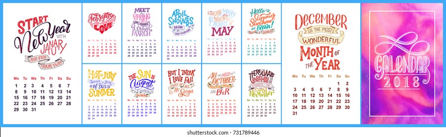 Vector calendar for months 2 0 1 8. Hand drawn lettering quotes for calendar design, vector illustration
