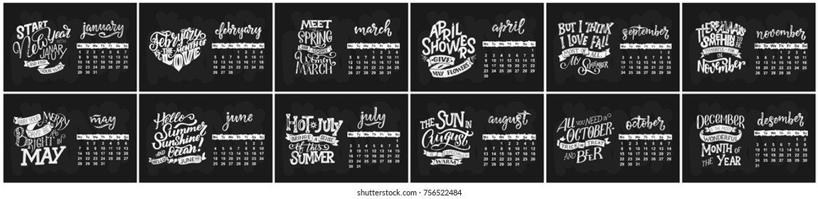 Vector calendar for months 2 0 1 8. Hand drawn lettering quotes for calendar design, vector illustration