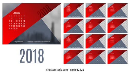 Vector of Calendar New year 2018 ,12 month calendar with modern red and blue triangle style,week start at Sunday,Template for place your photo