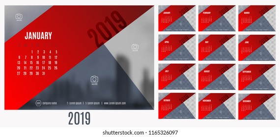 Vector of Calendar New year 2019 with 12 month calendar with modern red and blue triangle style,week start at Sunday,Template for place your photo.