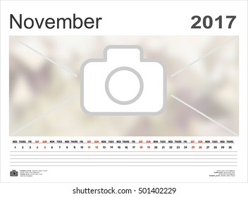 Vector calendar November 2017. Design Template with Place for Photos and Notes.