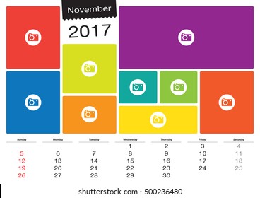 Vector calendar November, 2017 with image frames, A3 size - Change the image frames with your photos.