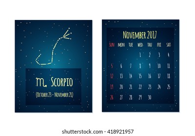 Vector calendar for November 2017 in the space style. Calendar with the image of the Scorpio constellation in the night starry sky. Elements for creative design ideas of your calendar