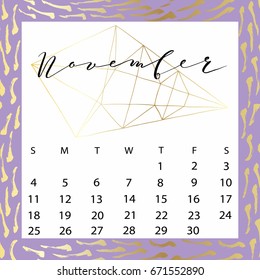 Vector calendar for November 2018. Hand drawn letters for calendar design
