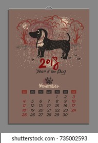 Vector calendar for November 2018. Year of the Dog. Hand drawn illustration and letters for calendar design. The page of a leafy monthly creative calendar.