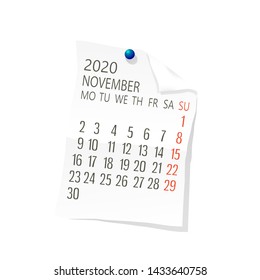 Vector calendar for November ,2020 on white paper  with holding pin over white background