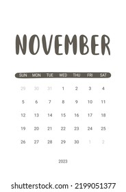 Vector Calendar for November 2023. Week Starts Sunday. Stationery Design for Printable.