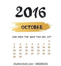 Vector calendar for October 2016. Hand drawn numbers and letters for calendar design.