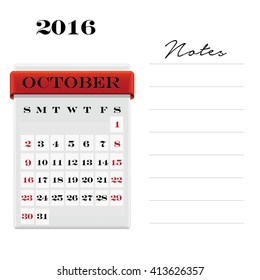 Vector calendar October 2016 with a place for notes. Weeks start on Sunday
