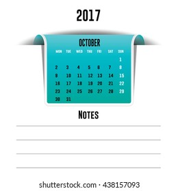 Vector calendar October 2017 with a place for notes. Weeks start on Monday