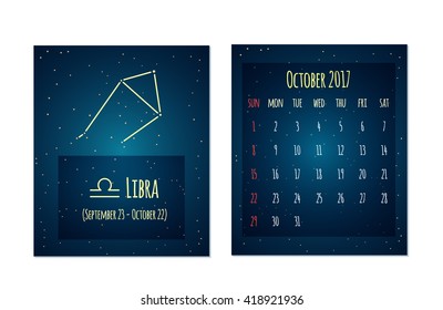 Vector calendar for October 2017 in the space style. Calendar with the image of the Libra constellation in the night starry sky. Elements for creative design ideas of your calendar