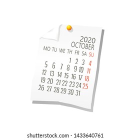 Vector calendar for October ,2020 on white paper  with holding pin over white background