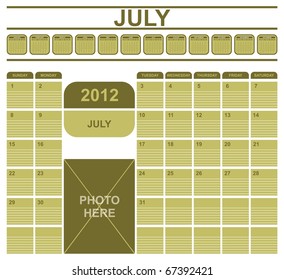 VETOR - Calendário Office Table Design 2012 - com Espaço para Escrever Notas - Também Espaço para Colocar uma Foto - Todos os Meses Mostrados Acima Então os Dias do mês de julho