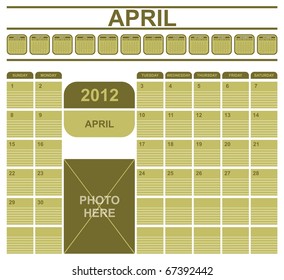 VECTOR - Calendar Office Table Design 2012 - with Space for Writing Notes - Also Space to Place a Photo - All Months Shown Above Then the Days of the month of April