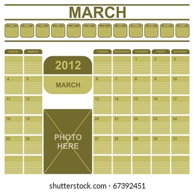VECTOR - Calendar Office Table Design 2012 - with Space for Writing Notes - Also Space to Place a Photo - All Months Shown Above Then the Days of the month of March