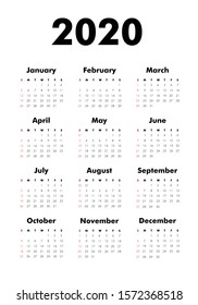 Vector Calendar On 2020 Year. Week Starts Sunday. Stationery Calender Template In Minimal Design. Yearly Organizer. Business Illustration.