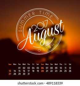 Vector calendar on abstract nature background. August 2017