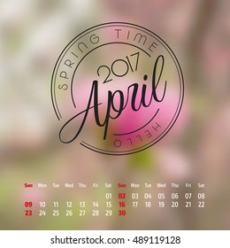 Vector calendar on abstract nature background. April 2017
