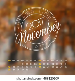 Vector calendar on abstract nature background. November 2017