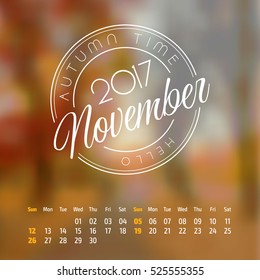 Vector calendar on abstract nature background. November 2017. vol 2.