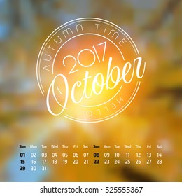 Vector calendar on abstract nature background. October 2017. vol 2.