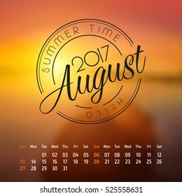Vector calendar on abstract nature background. August 2017. vol 2.