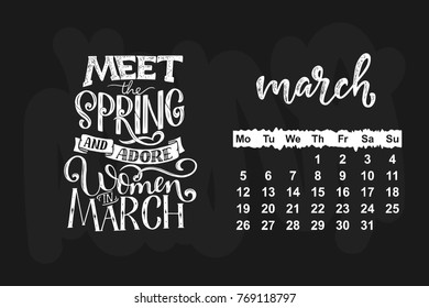 Vector calendar for one month of the year. Hand drawn lettering quote for calendar design