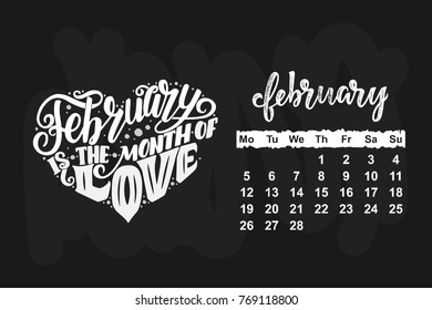 Vector calendar for one month of the year. Hand drawn lettering quote for calendar design