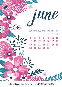 Vector calendar page for June 2016 with flowers.