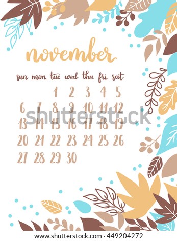 Vector calendar page for november 2016 with floral design. Autumn template on white isolated background.