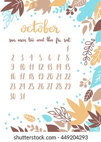 Vector calendar page for october 2016 with floral design. Autumn template on white isolated background.