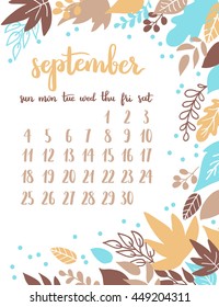 Vector calendar page for september 2016 with floral design. Autumn template on white isolated background.