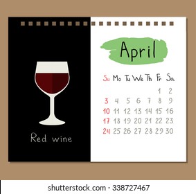 Vector calendar page template for April with red wine a glass of red wine.