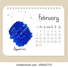 Vector calendar page template with hand drawn Aquarius symbol and constellation scheme.