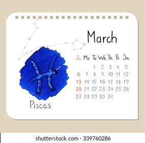 Vector calendar page template with hand drawn Pisces symbol and constellation scheme.